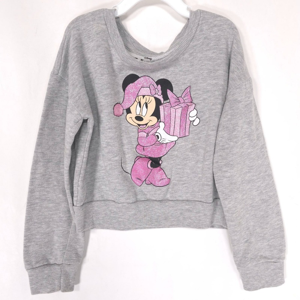 DISNEY MINNIE MOUSE Kids Girl Sweatshirt 7 Pink Gray Glitter Christmas Cropped